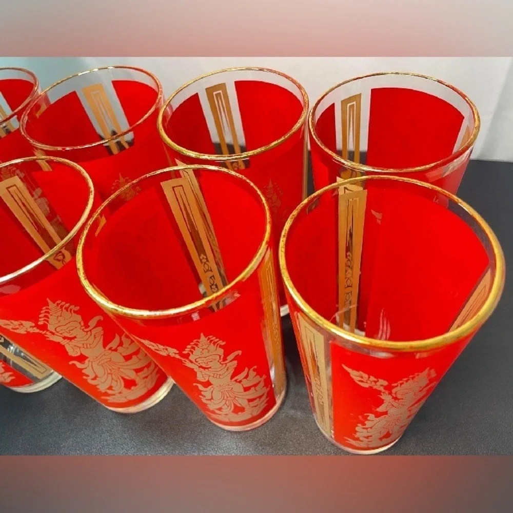 Unbranded Thai Goddess Highball Glasses Set of 8 Red Gold Vintage Excellent